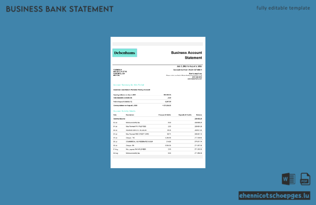 Debenhams Geschäftskontoauszug (Vereinigtes Königreich) – Beispiel-Word- und PDF-Datei (Vorschau)